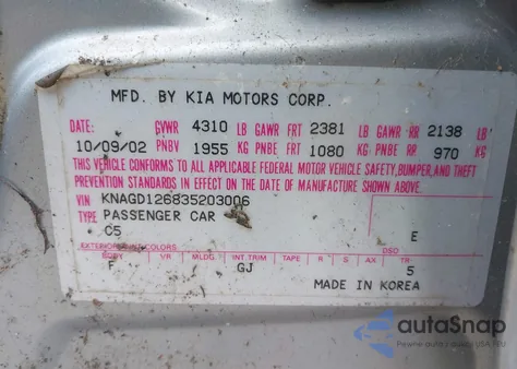 2003 Kia Optima Lx/Se from USA, damaged, VIN KNAGD126835203006